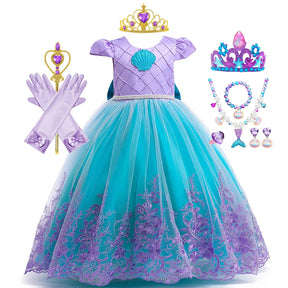 Vestido Infantil Princesa Ariel Bordado de Flores