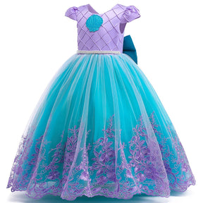 Vestido Infantil Princesa Ariel Bordado de Flores